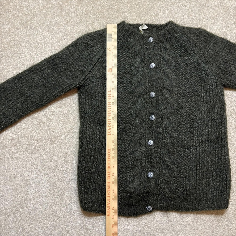 Vtg Mohair Cardigan Sweater Womens M Green Hand Knit Cable Shaggy Grunge 50s 60s - Picture 7 of 9